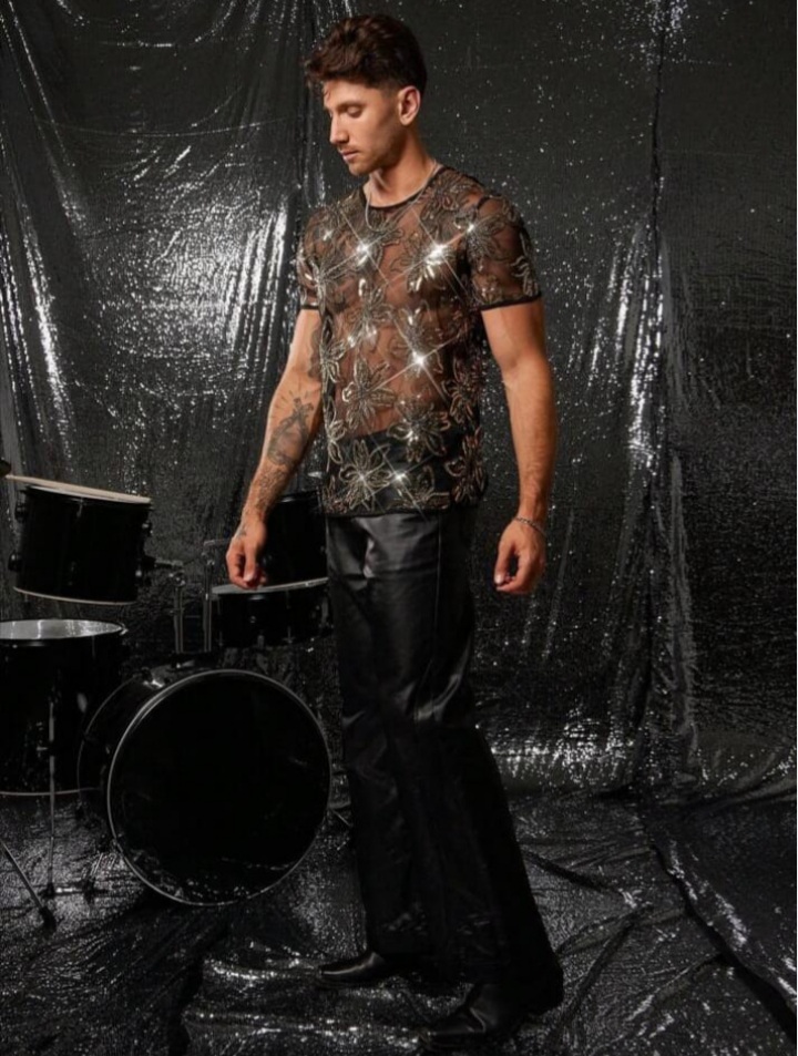 Men's Knitted Fashionable Casual Loose Sequin Decorated short Sleeve T - Shirt